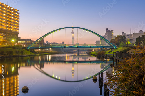 Photography tokyo skytree and colorful bridge in refection