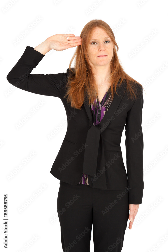 Beautiful businesswoman doing different expressions in different sets of clothes: at attention Beautiful businesswoman doing different expressions in different sets of clothes: at attention