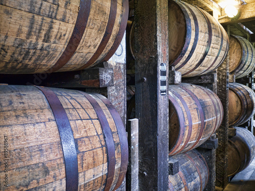 Barrels maturing Bourbon in Distillery in Bardstown Kentucky USA 