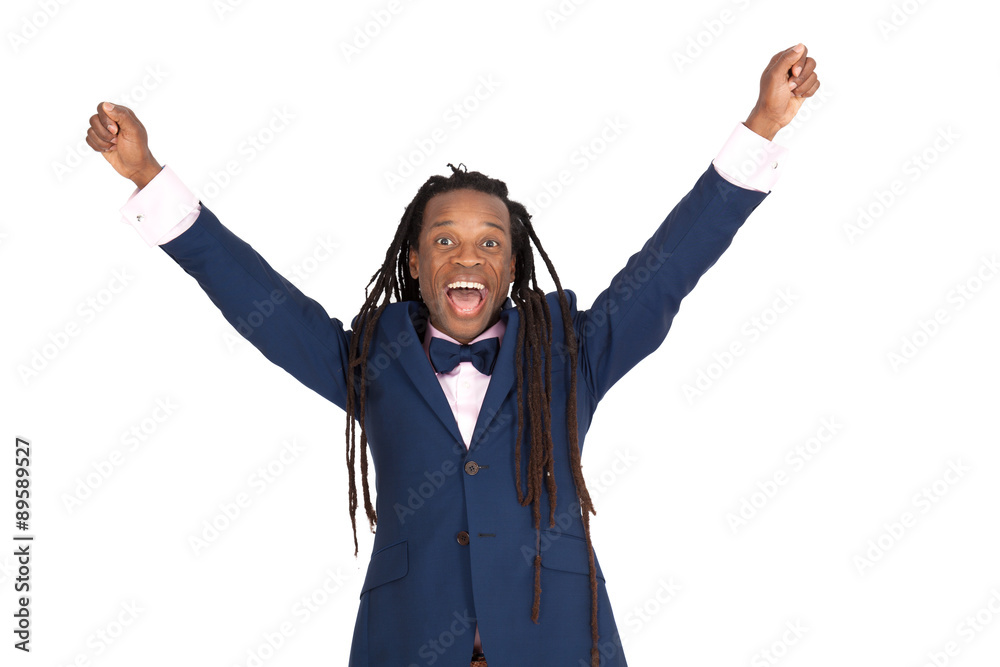 Handsome man with dreadlocks doing different expressions in different sets of clothes: arms raised Handsome man with dreadlocks doing different expressions in different sets of clothes: arms raised