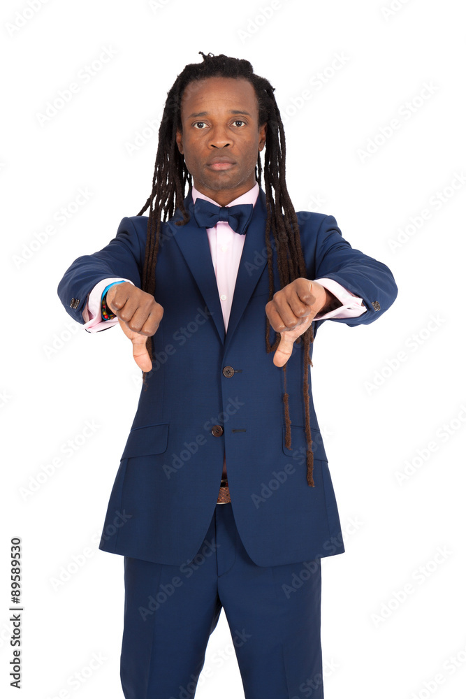 Handsome man with dreadlocks doing different expressions in different sets of clothes: thumbs down Handsome man with dreadlocks doing different expressions in different sets of clothes: thumbs down