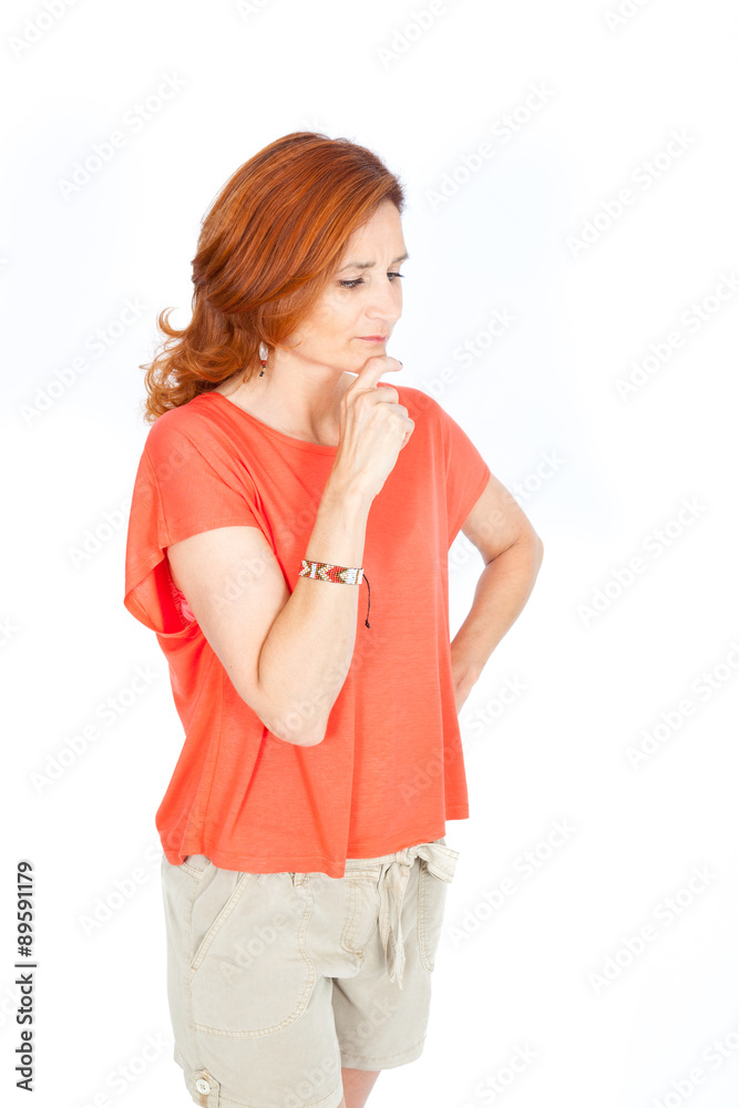 Beautiful businesswoman doing different expressions in different sets of clothes: thinking Beautiful businesswoman doing different expressions in different sets of clothes: thinking