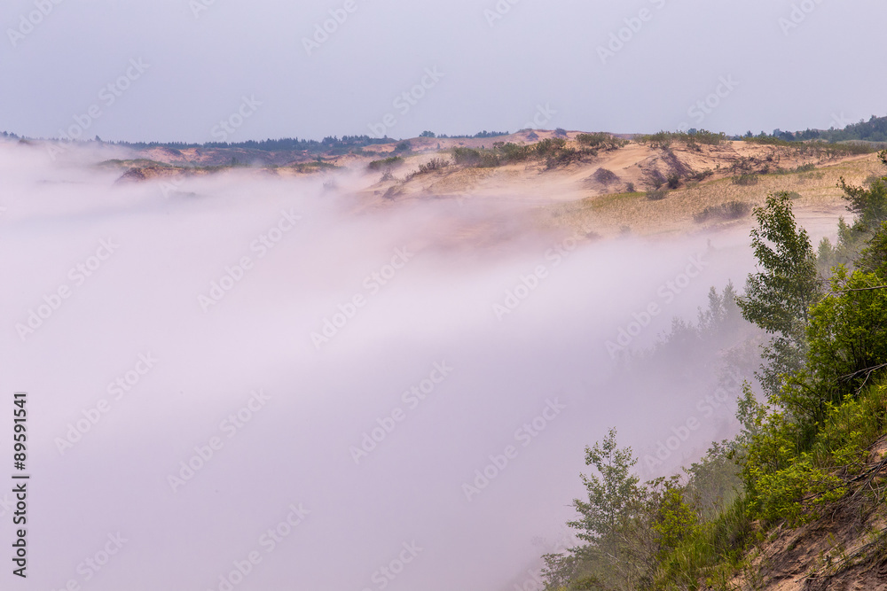 Fototapeta premium Grand Sable Dunes, shrouded in fog, Pictured Rock National Lakeshore, Lake Superior, Michigan, USA.