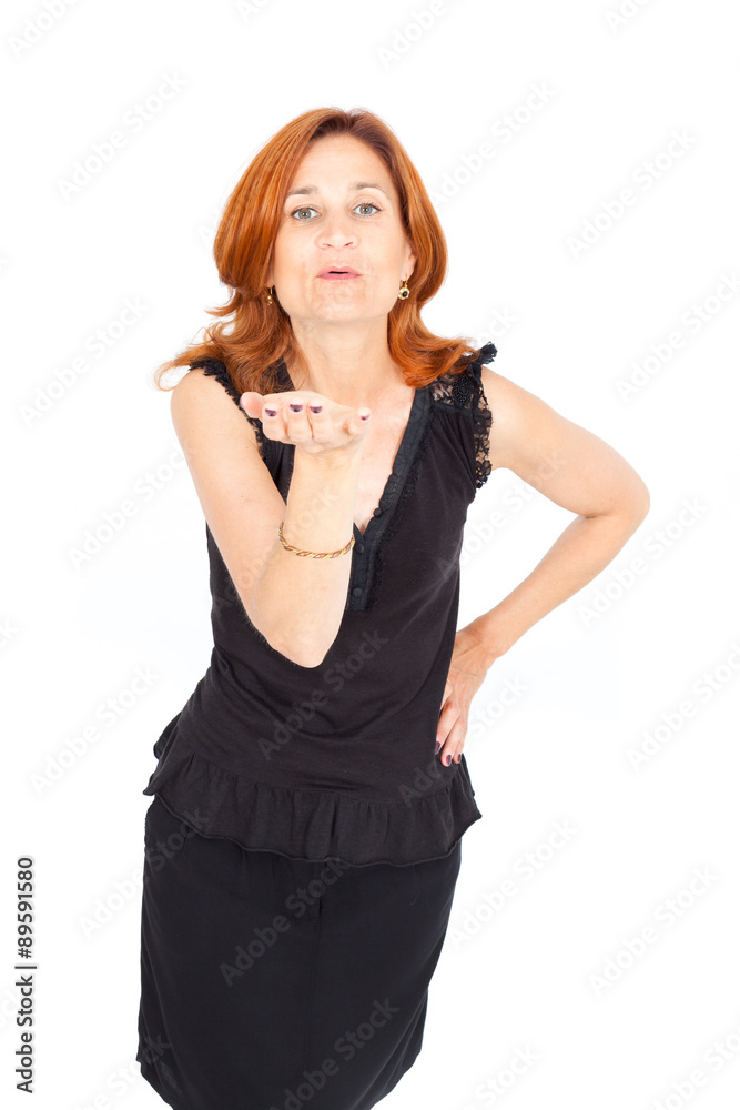 Beautiful businesswoman doing different expressions in different sets of clothes: kiss Beautiful businesswoman doing different expressions in different sets of clothes: kiss