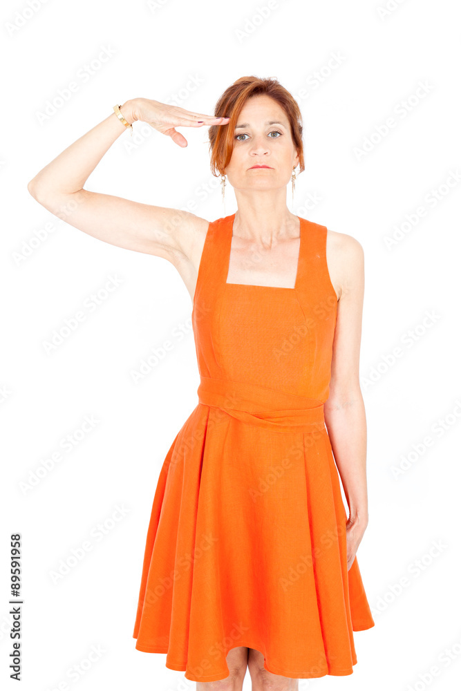 Beautiful businesswoman doing different expressions in different sets of clothes: at attention Beautiful businesswoman doing different expressions in different sets of clothes: at attention