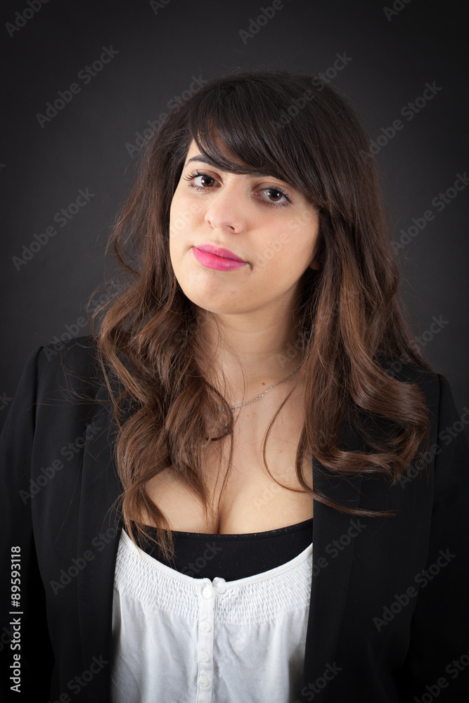 Beautiful woman doing different expressions in different sets of clothes: worried