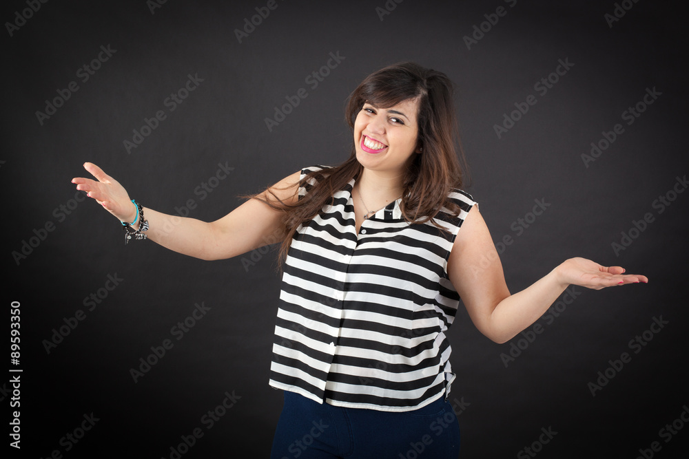 Beautiful woman doing different expressions in different sets of clothes: welcome Beautiful woman doing different expressions in different sets of clothes: welcome