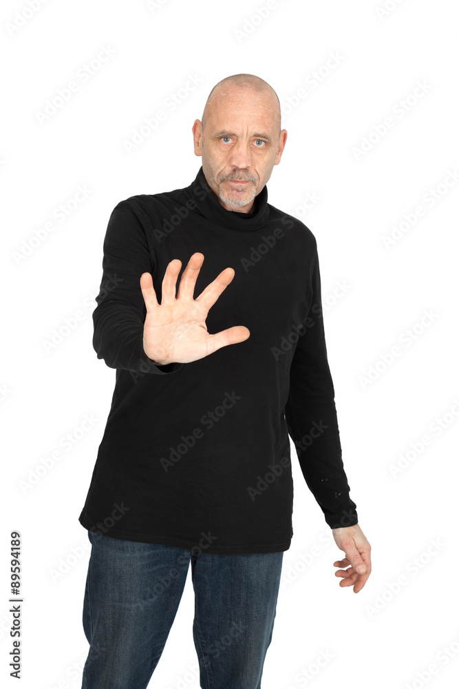 Handsome man doing different expressions in different sets of clothes: stop sign Handsome man doing different expressions in different sets of clothes: stop sign