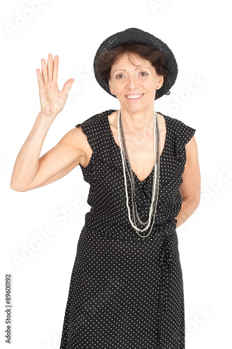 Beautiful woman doing different expressions in different sets of clothes: waving