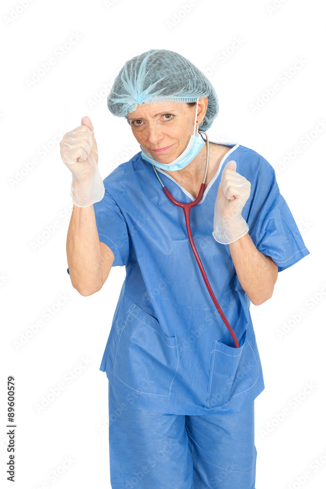 Beautiful doctor doing different expressions in different sets of clothes: boxing Beautiful doctor doing different expressions in different sets of clothes: boxing