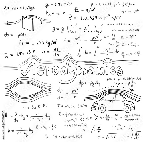 Aerodynamics law theory and physics mathematical formula equation, doodle handwriting icon in white isolated background with hand drawn model, create by vector