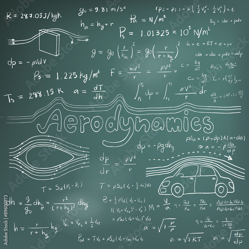 Aerodynamics law theory and physics mathematical formula equation, doodle handwriting icon in blackboard background with hand drawn model, create by vector