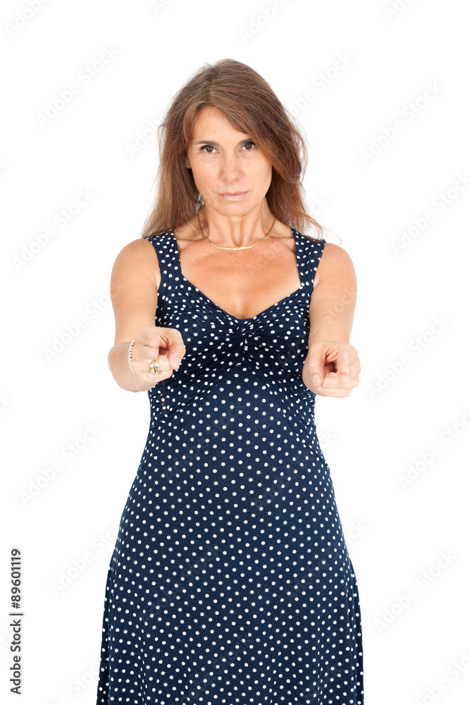 Beautiful woman doing different expressions in different sets of clothes: gun sign Beautiful woman doing different expressions in different sets of clothes: gun sign