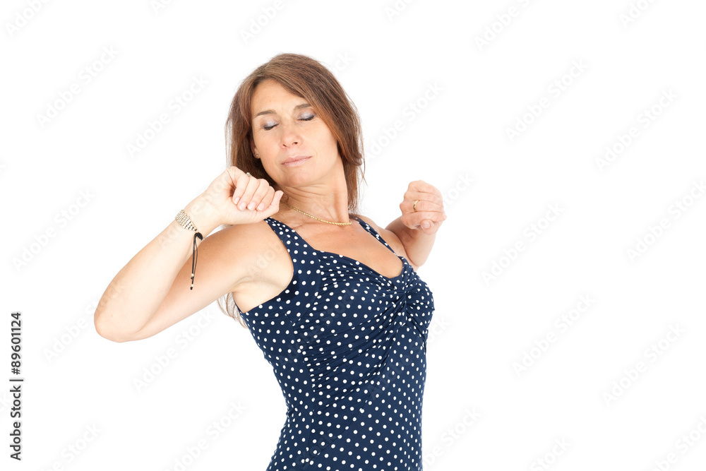 Beautiful woman doing different expressions in different sets of clothes: waking up