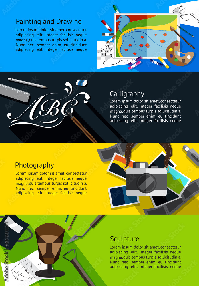 Obraz premium Fine art infographic banners painting and drawing, calligraphy, photography, sculpture template background layout design, create by vector