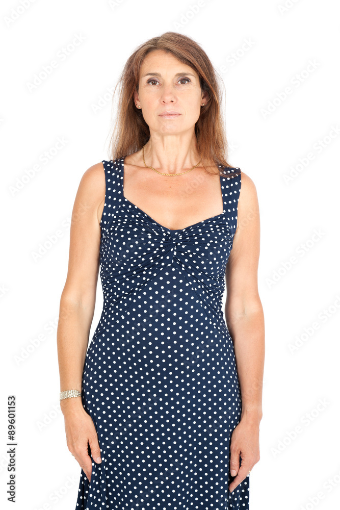 Beautiful woman doing different expressions in different sets of clothes: at attention Beautiful woman doing different expressions in different sets of clothes: at attention