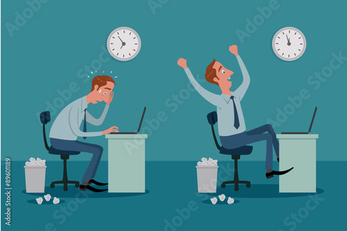 Stressed businessman on laptop computer working with pressure, and be happy.