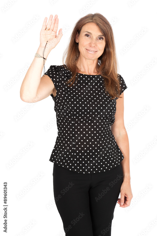 Beautiful woman doing different expressions in different sets of clothes: waving Beautiful woman doing different expressions in different sets of clothes: waving