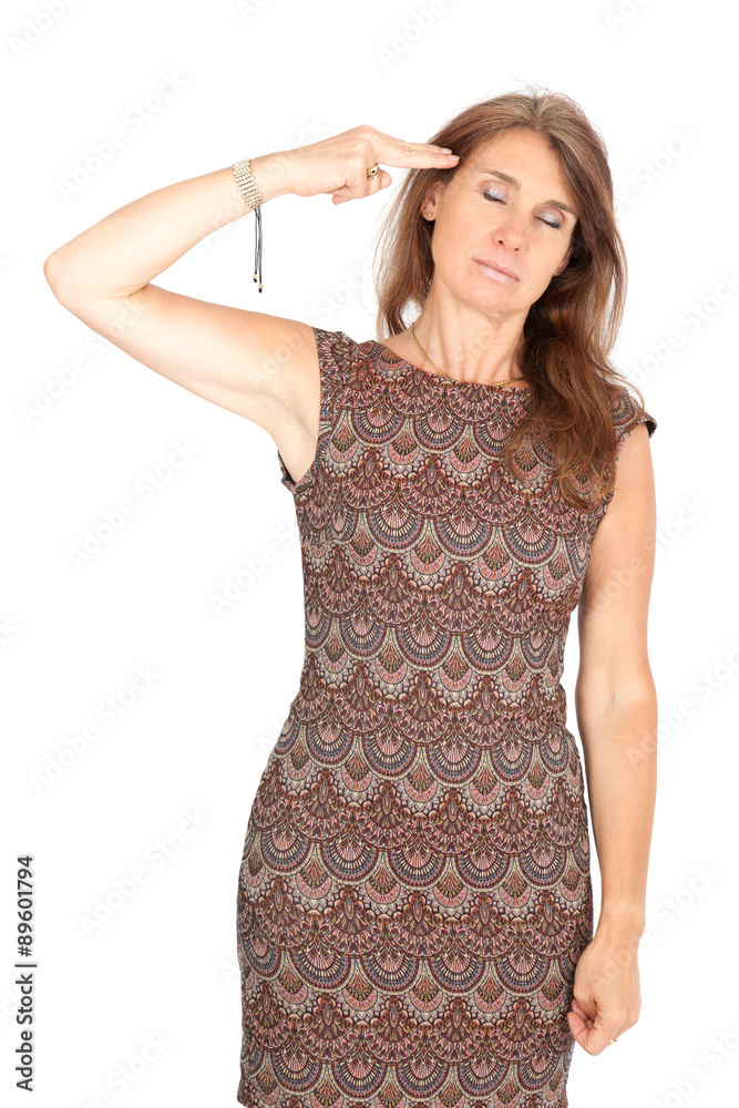 Beautiful woman doing different expressions in different sets of clothes: committing suicide Beautiful woman doing different expressions in different sets of clothes: committing suicide