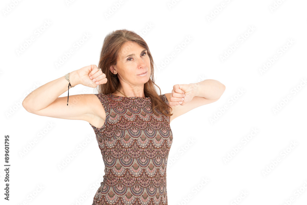 Beautiful woman doing different expressions in different sets of clothes: waking up Beautiful woman doing different expressions in different sets of clothes: waking up
