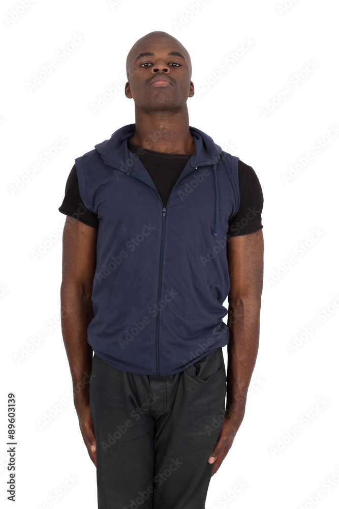 Fototapeta premium Handsome man doing different expressions in different sets of clothes: at attention