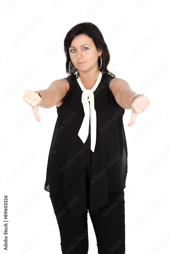 Beautiful woman doing different expressions in different sets of clothes: thumbs down Beautiful woman doing different expressions in different sets of clothes: thumbs down