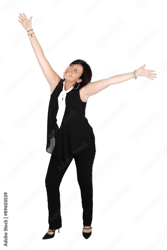 Beautiful woman doing different expressions in different sets of clothes: arms raised Beautiful woman doing different expressions in different sets of clothes: arms raised