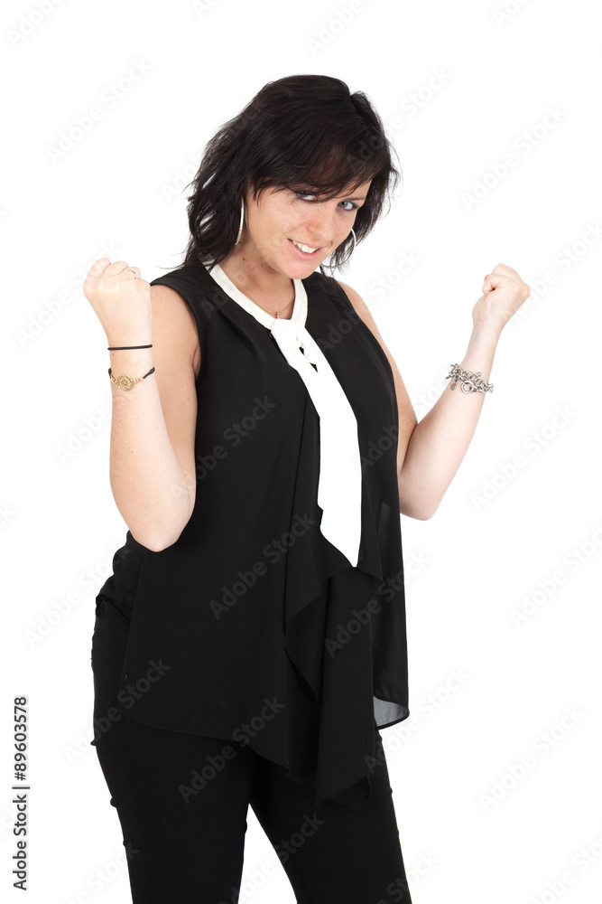 Beautiful woman doing different expressions in different sets of clothes: arms raised Beautiful woman doing different expressions in different sets of clothes: arms raised