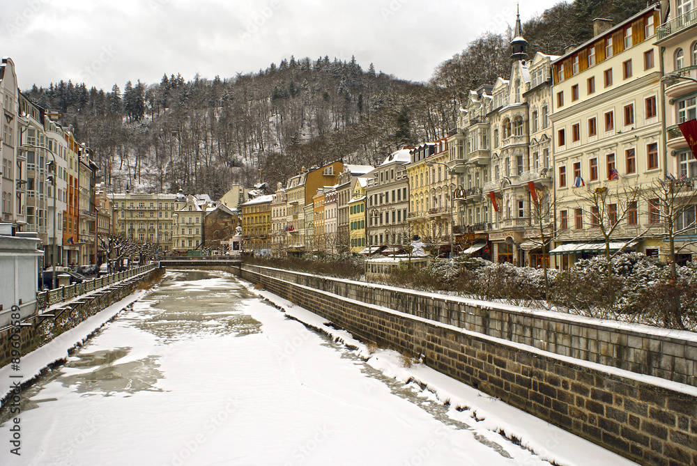 Winter view of the river Teplá in Karlovy Vary.