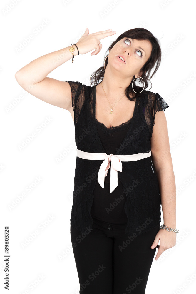 Beautiful woman doing different expressions in different sets of clothes: suicide Beautiful woman doing different expressions in different sets of clothes: suicide