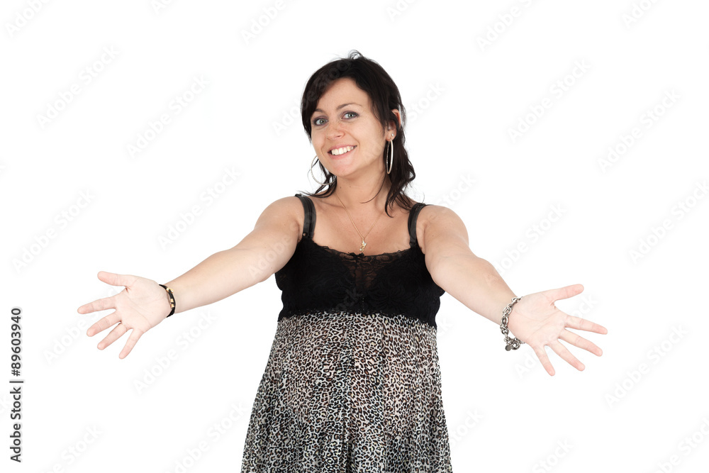 Beautiful woman doing different expressions in different sets of clothes: welcome Beautiful woman doing different expressions in different sets of clothes: welcome