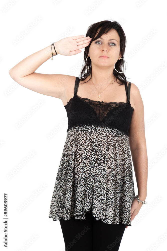 Beautiful woman doing different expressions in different sets of clothes: at attention Beautiful woman doing different expressions in different sets of clothes: at attention