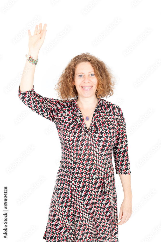 Beautiful woman doing different expressions in different sets of clothes: waving Beautiful woman doing different expressions in different sets of clothes: waving