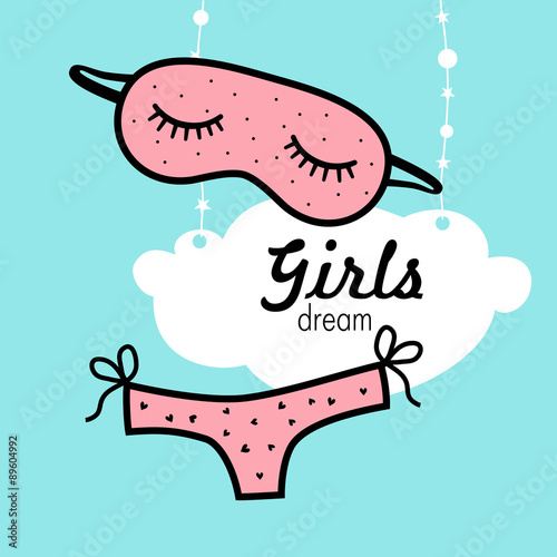 Girls dream.
Mask for sleeping and panties on a background of white clouds 
