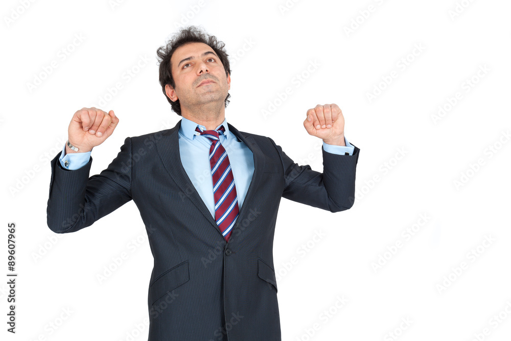 Handsome arabic man doing different expressions in different sets of clothes: arms raised Handsome arabic man doing different expressions in different sets of clothes: arms raised