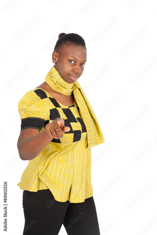 Beautiful black woman doing different expressions in different sets of clothes: pointing Beautiful black woman doing different expressions in different sets of clothes: pointing