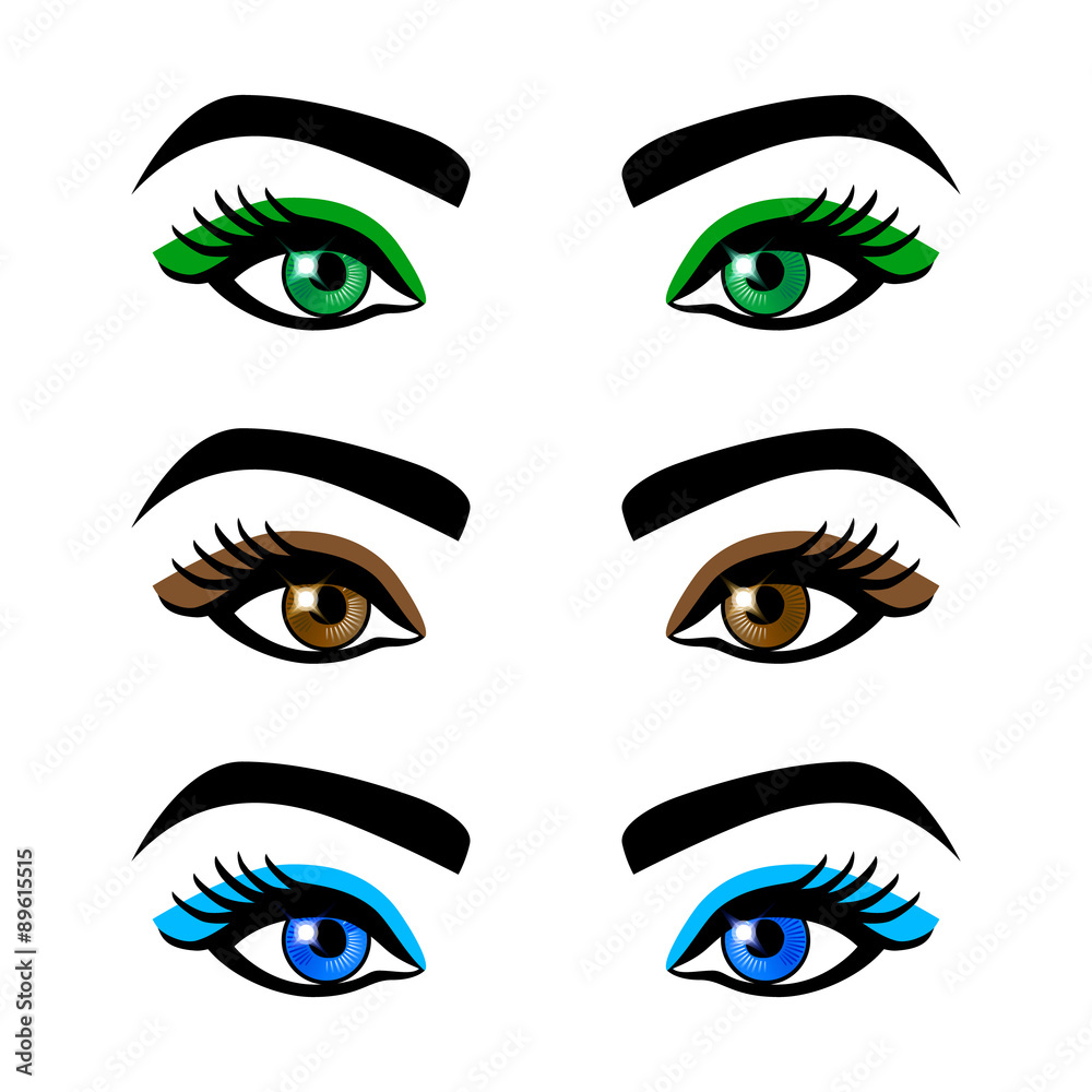 Collection  female eyes and eyebrows of  shapes, different colors, with  without makeup