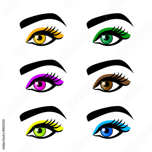 Collection  female eyes and eyebrows of  shapes, different colors, with  without makeup
