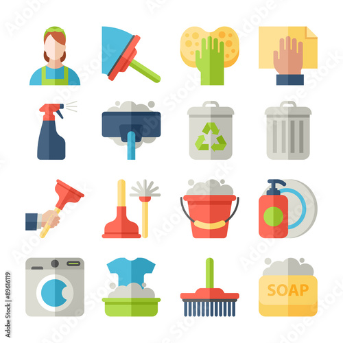 Cleaning icon set isolated with windows dishes floor washing