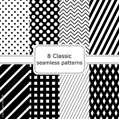 Set of 8 classic black - white seamless patterns