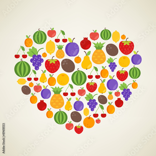 I love Fruits. Vector concept. Heart with fruit flat icons