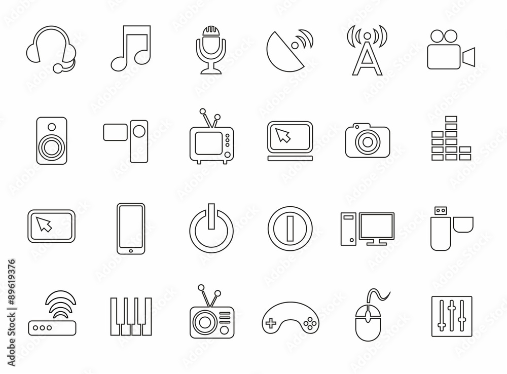 Icons, media, computer, video, music, communications, telephone, contour, monochrome. 
