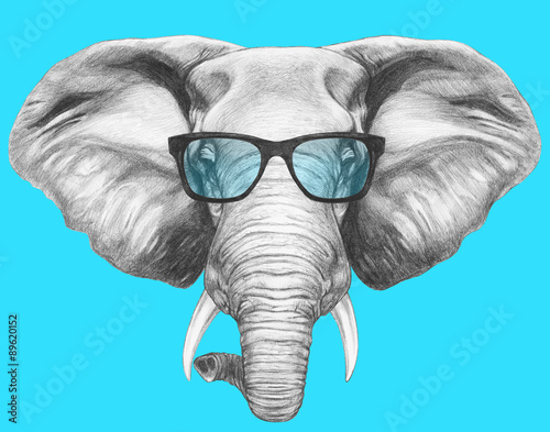 Canvas Print Portrait of Elephant with glasses. Hand drawn illustration.