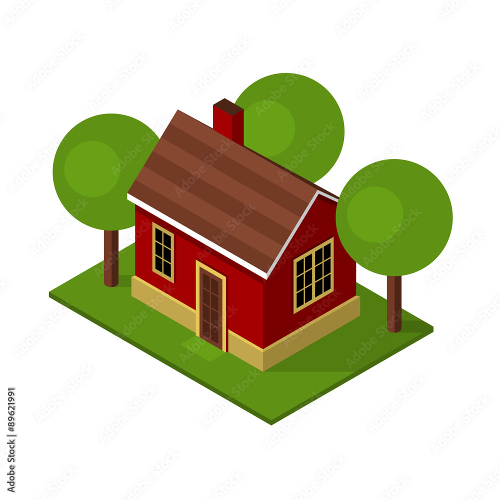 Isolated Isometric House Buildings with Garden and Trees. Vector Isolated Isometric House Buildings with Garden and Trees. Vector