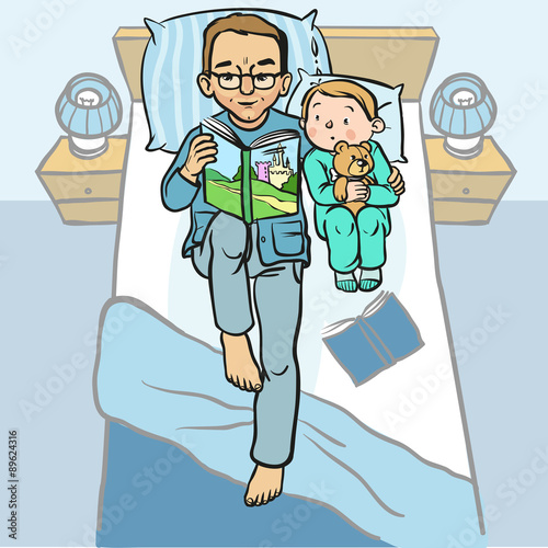 Funny cartoon father reading book for his child. vector illustra