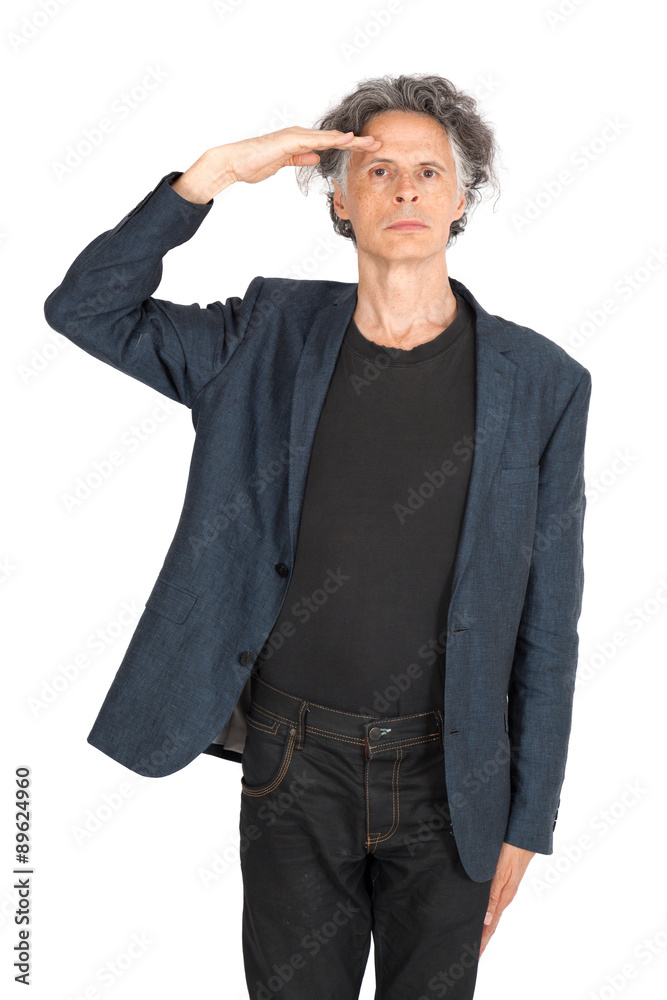 Handsome man doing different expressions in different sets of clothes: at attention Handsome man doing different expressions in different sets of clothes: at attention