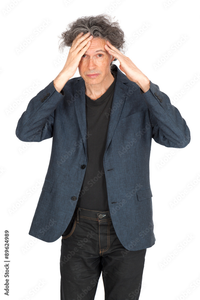 Handsome man doing different expressions in different sets of clothes: headache Handsome man doing different expressions in different sets of clothes: headache