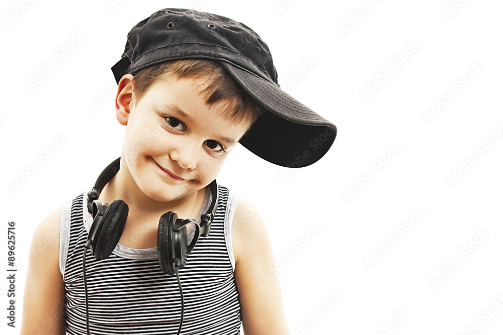 Little deejay. funny smiling boy with headphones Little deejay. funny smiling boy with headphones