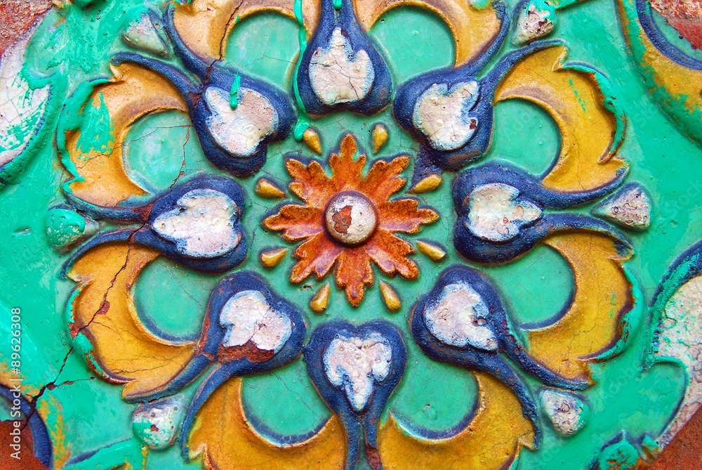 Colorful ceramic tile on a church facade. Tiles are one of the city symbols of Yaroslavl.