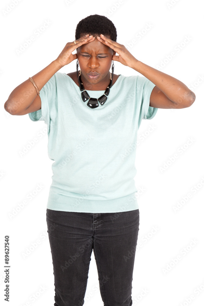 Beautiful woman doing different expressions in different sets of clothes: headache Beautiful woman doing different expressions in different sets of clothes: headache